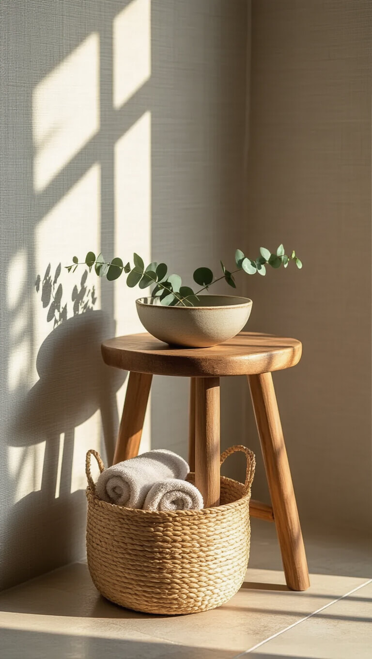 Cozy 7x9ft bathroom corner at sunset with wooden stool, ceramic bowl of eucalyptus, basket of rolled bamboo towels, and warm light on limestone floor against pale gray grasscloth walls.