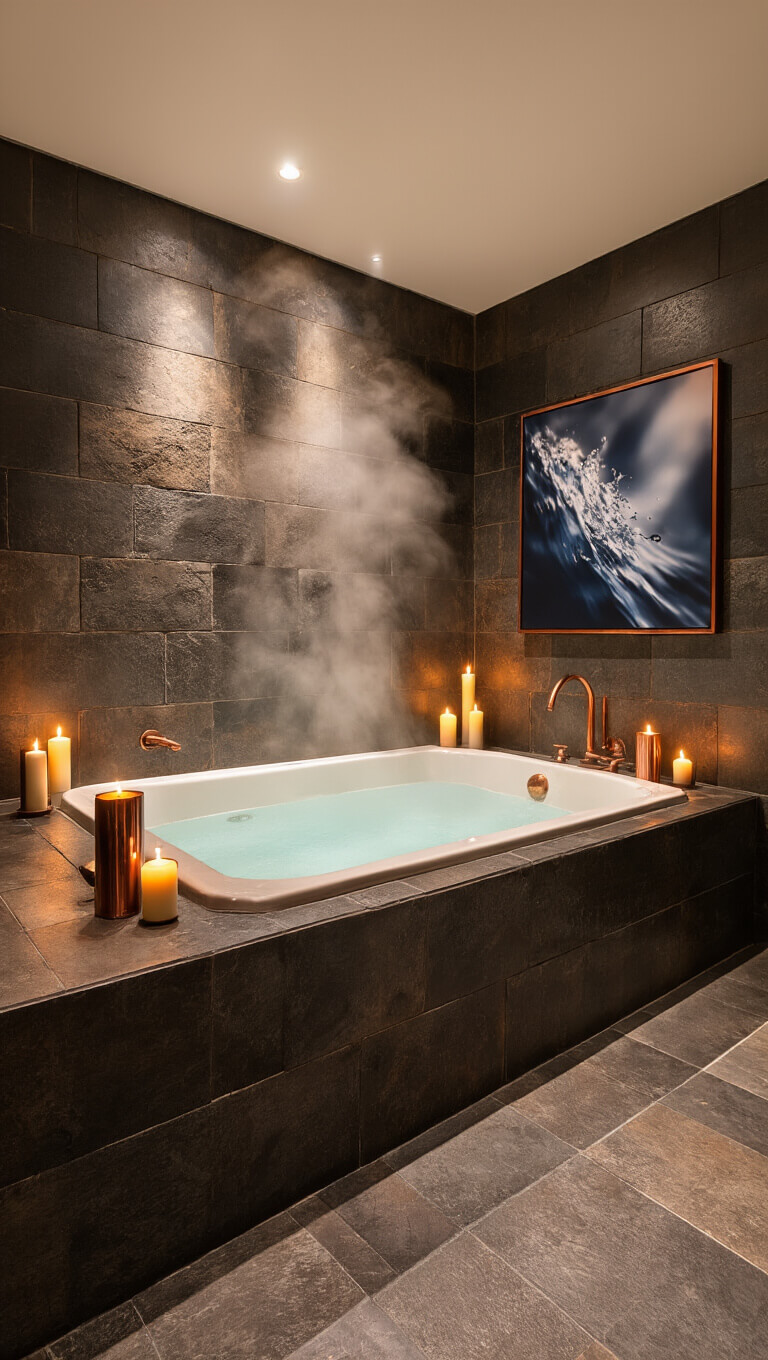 Luxurious spa bathroom at night with sunken tub, candlelight, rising steam, dark stone tiles, and copper accents in warm ambient lighting.