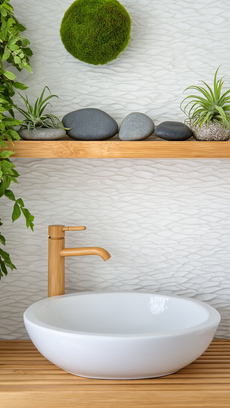 Bright bathroom with natural decor, featuring smooth stones, air plants on a wooden shelf, bamboo faucet, white vessel sink, and textured white wall tiles.