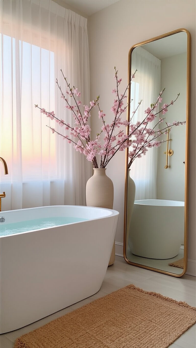 Modern spring-styled bathroom with cherry blossoms in vase, white freestanding tub, sheer curtains, and soft sunset light.