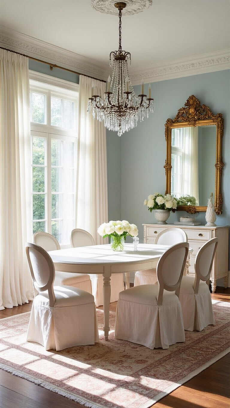 Sunlit dining room with vintage decor, featuring a white oval table, mismatched slipcovered chairs, crystal chandelier, pale blue-grey walls, and soft morning light through linen curtains.