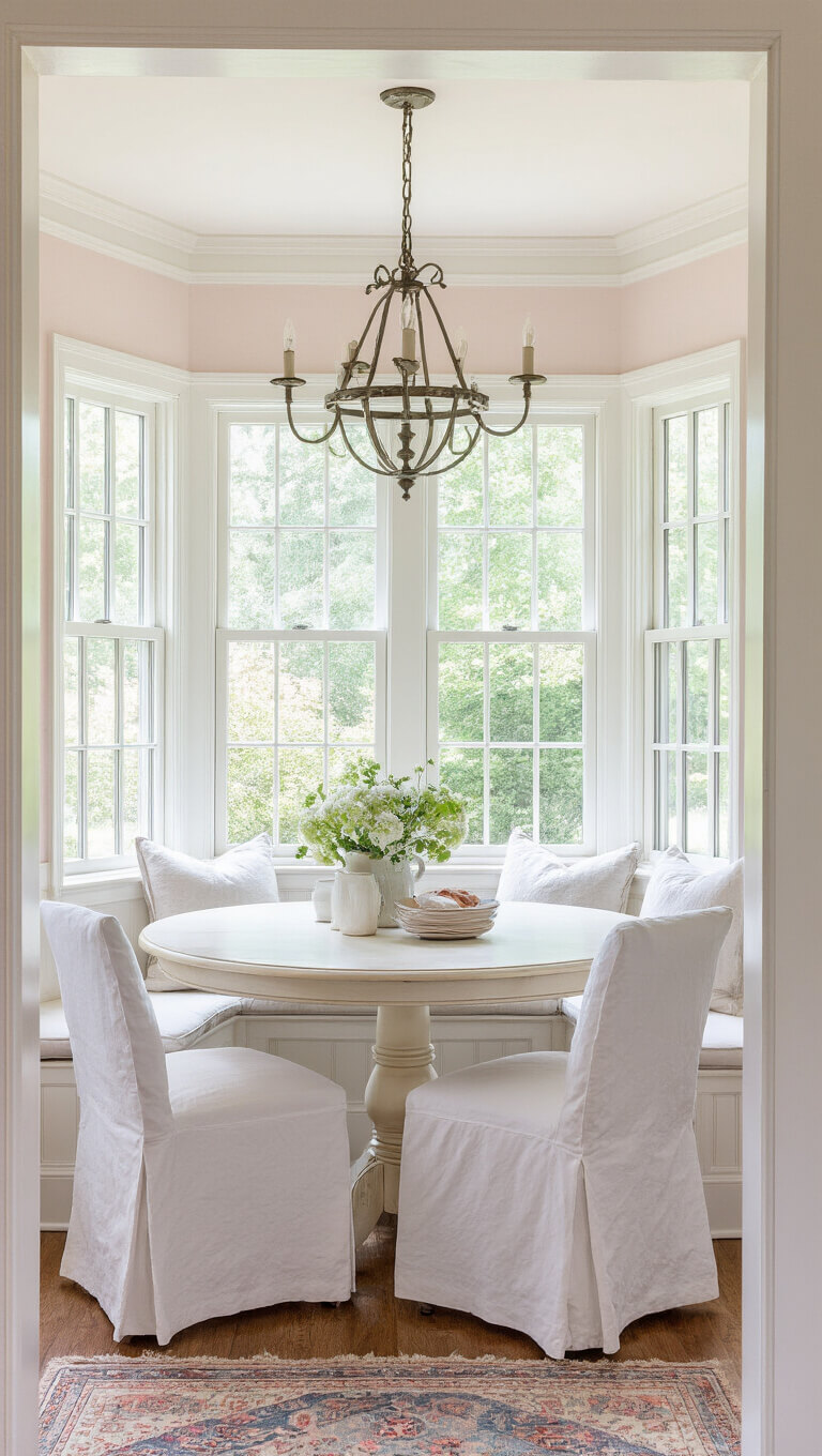 Cozy 14x16ft dining room with round cream pedestal table, white slipcovered chairs, bay window seat, vintage white chandelier, layered pastel rugs, white beadboard wainscoting, and pale pink walls.
