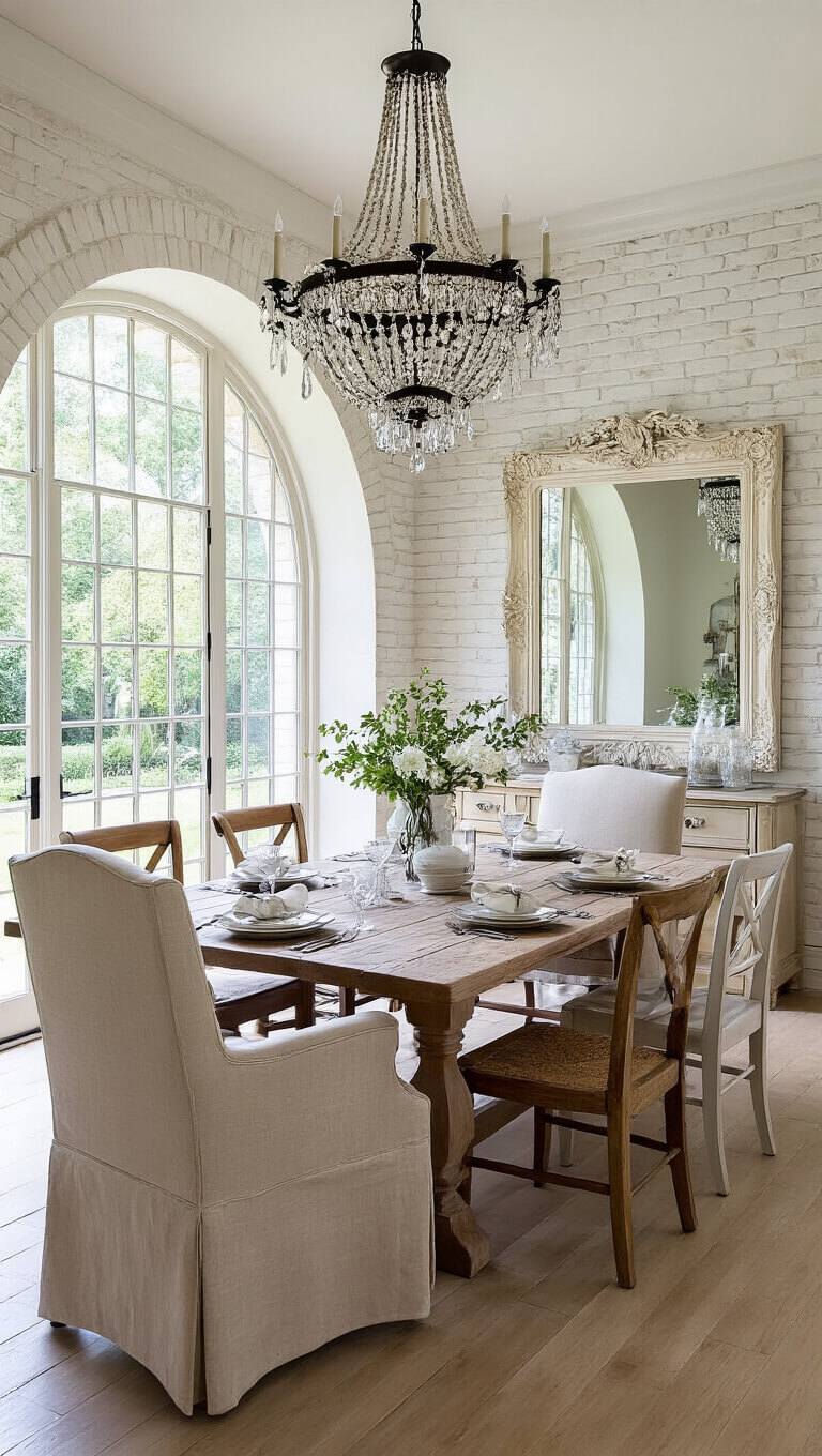 Elegant 16x20ft dining room with archway entrance, whitewashed brick accent wall, harvest table, mixed seating, iron chandelier, ornate mirror, vintage silverware, and milk glass decor.