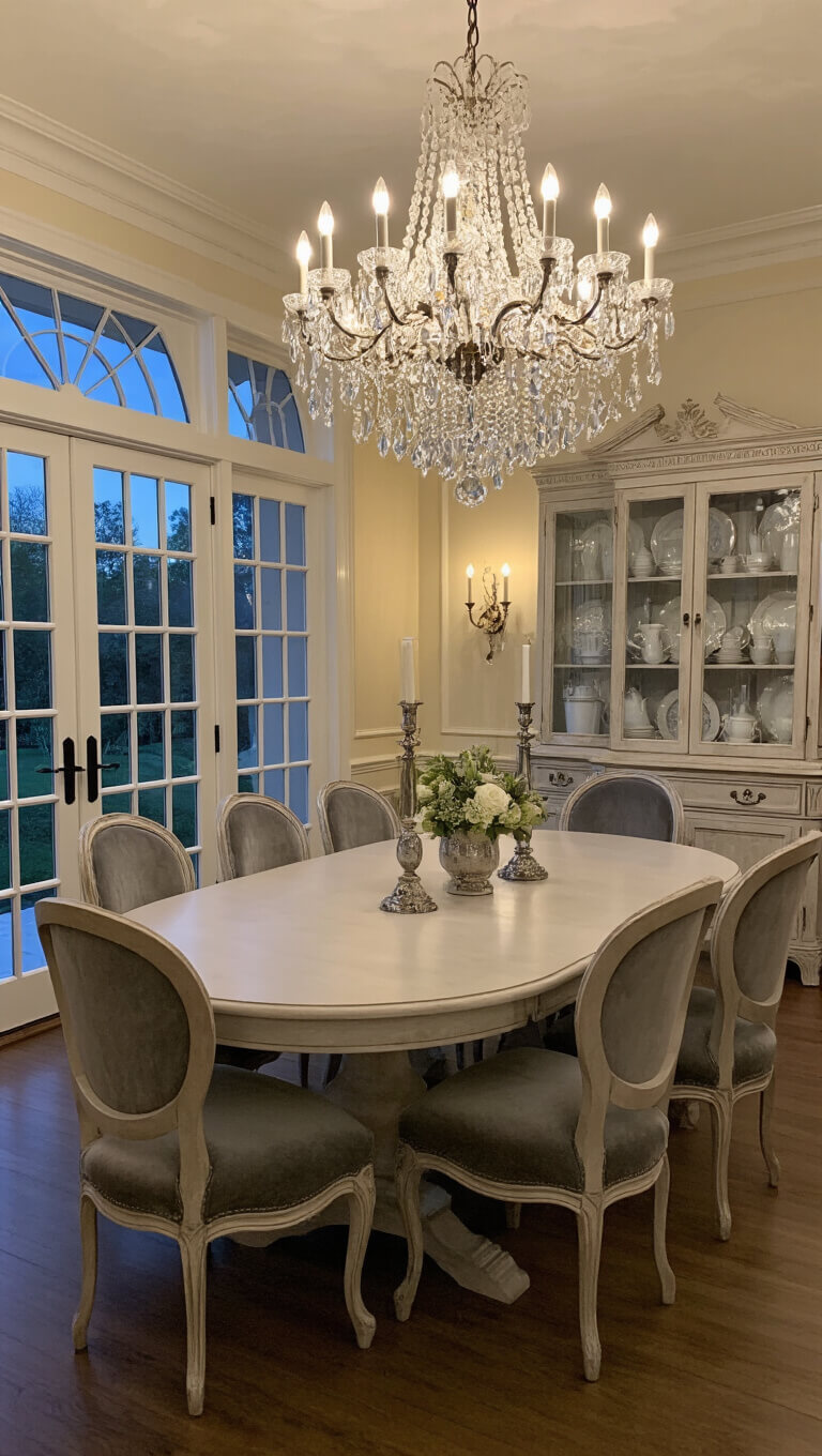 Elegant 13x17ft dining room at dusk with crystal chandelier, oval chalk-finish table, grey velvet Louis chairs, antique china cabinet, and French doors to garden.