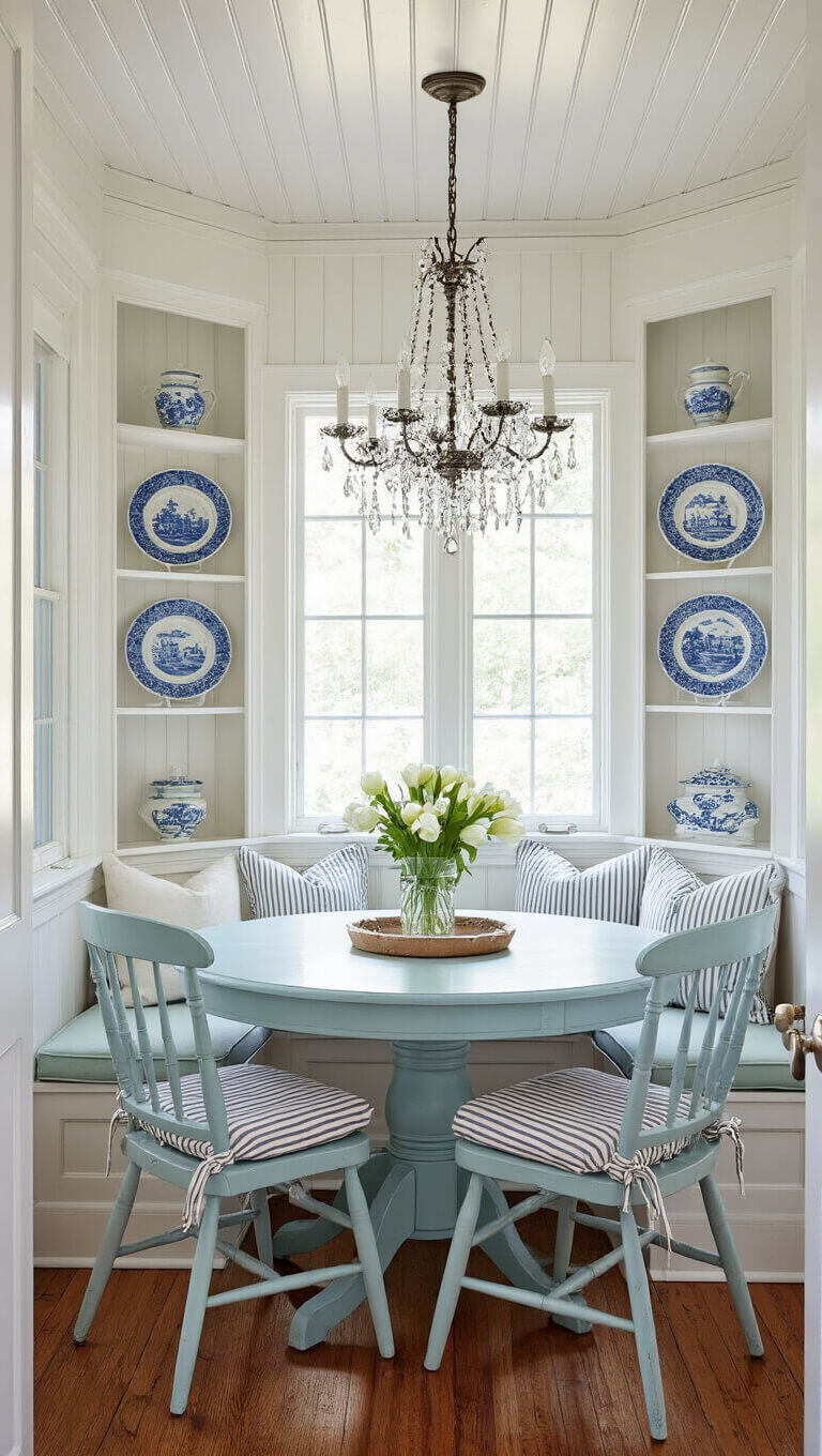 Cozy 12x15ft dining nook with white beadboard ceiling, distressed robin's egg blue round table, mismatched white chairs with striped cushions, vintage white crystal chandelier, built-in corner cabinet, and transferware decor.
