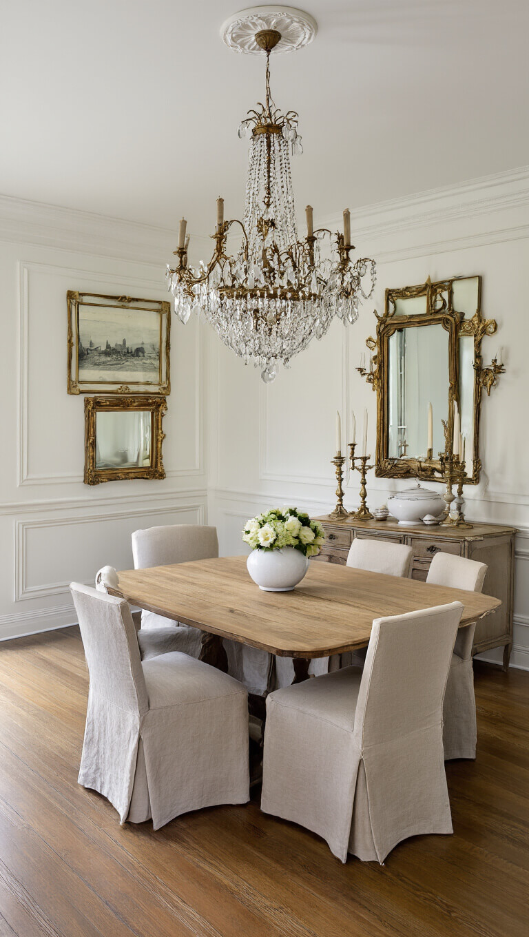 Elegant 16x18ft dining room with warm white walls, vintage mirrors, weathered oak table, linen chairs, brass and crystal chandelier, and antique sideboard with silver candlesticks.