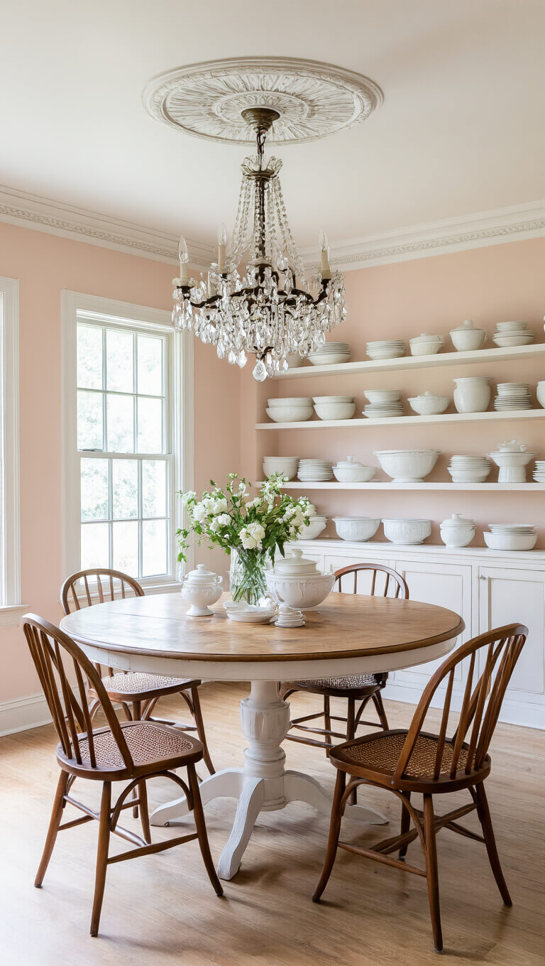 Cozy blush pink dining room with round oak table, mixed chairs, vintage chandelier, and ceiling medallion.