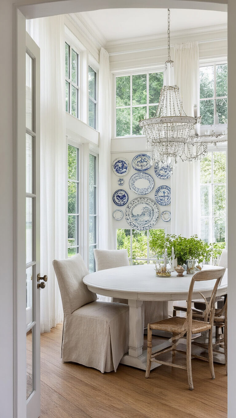 Bright dining room with garden views, featuring a weathered white table, mix of upholstered and wooden chairs, white chandelier with crystals, vintage plate wall gallery, and sheer white window panels.