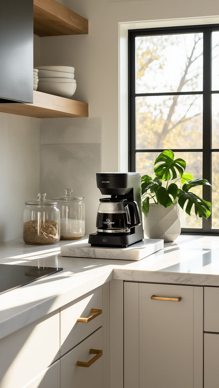 Modern kitchen corner with white quartz coffee station, matte black Moccamaster on marble tray, glass canisters, and monstera in concrete planter, bathed in early morning sunlight through floor-to-ceiling windows.
