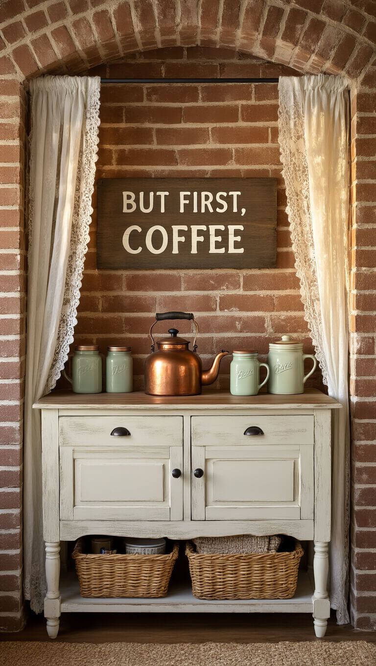 Cozy farmhouse coffee nook with vintage decor in brick alcove, golden hour light through lace curtains, featuring distressed white sideboard, copper kettle, mason jars, ceramic mugs, and rustic 'But First, Coffee' sign.