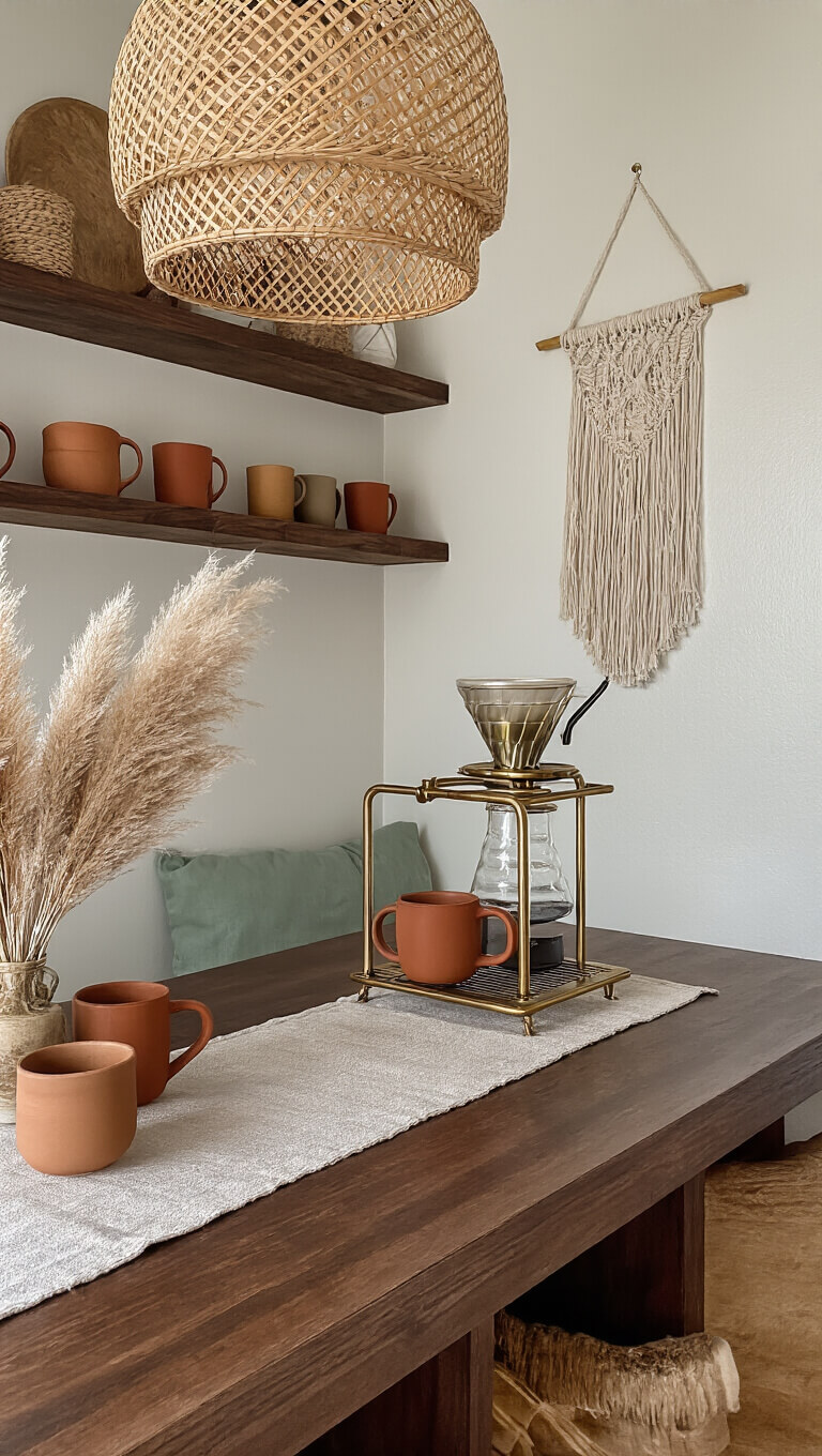 Boho-inspired 6x8ft coffee bar in breakfast nook with walnut shelves, brass pour-over setup, pottery mugs, macramé wall hanging, and pampas grass in moody mid-morning light.