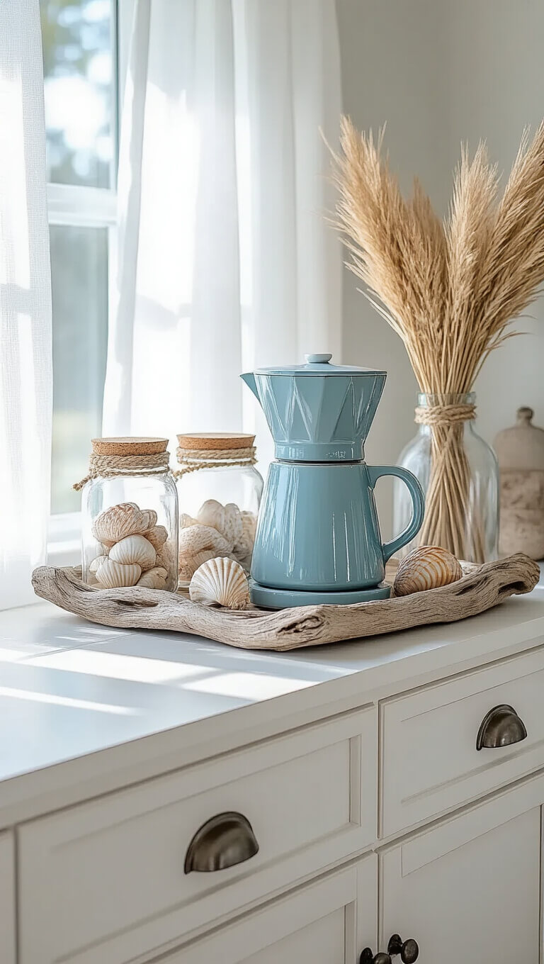 Coastal-themed kitchen coffee station on whitewashed console with blue-grey coffee maker, glass canisters, driftwood tray, and beach accents in diffused afternoon light.