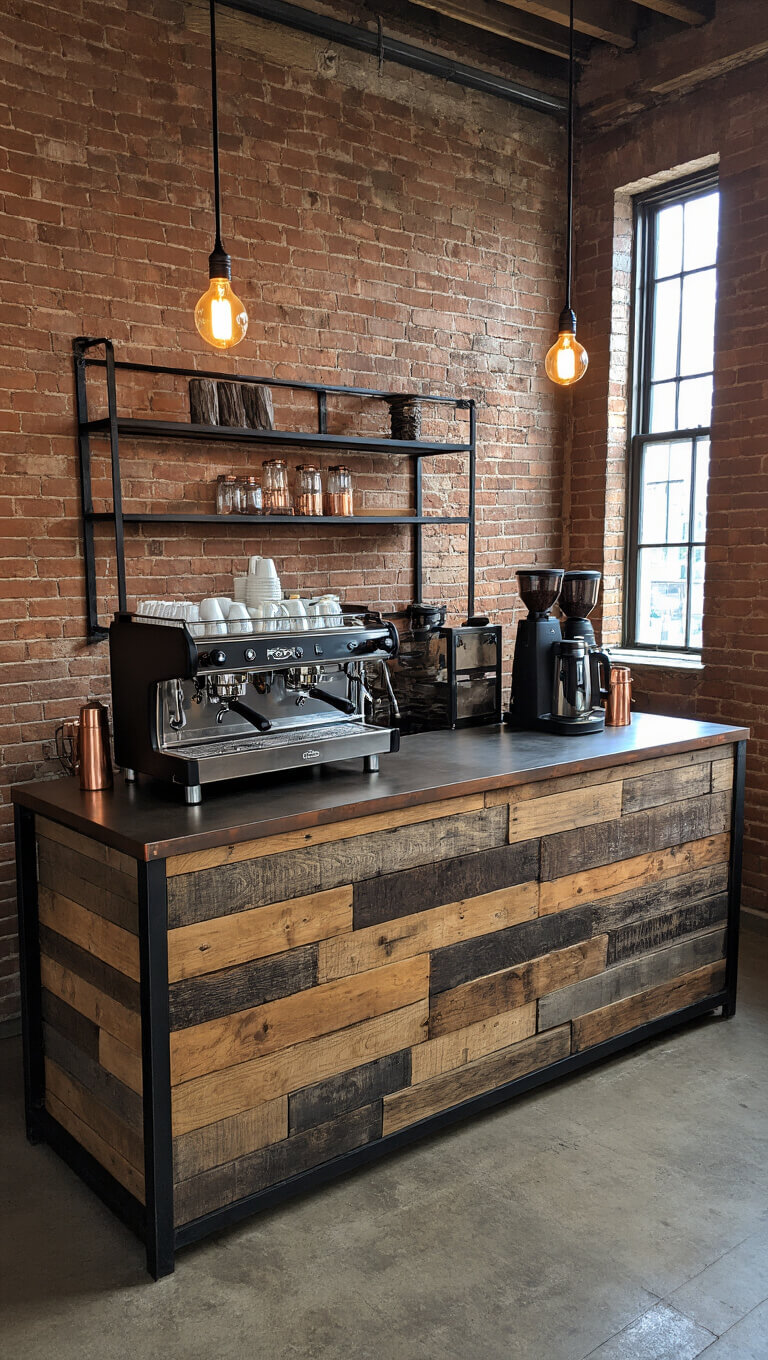Industrial chic 7x9ft coffee bar in exposed brick loft with morning light, black metal and reclaimed wood shelving, espresso setup, Edison bulb glow, zinc countertop, and copper accents.
