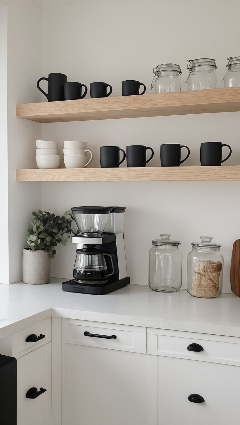 Scandinavian minimal coffee station in bright kitchen with white surfaces, blonde wood accents, black hardware, and floating shelves displaying mugs and glass storage.