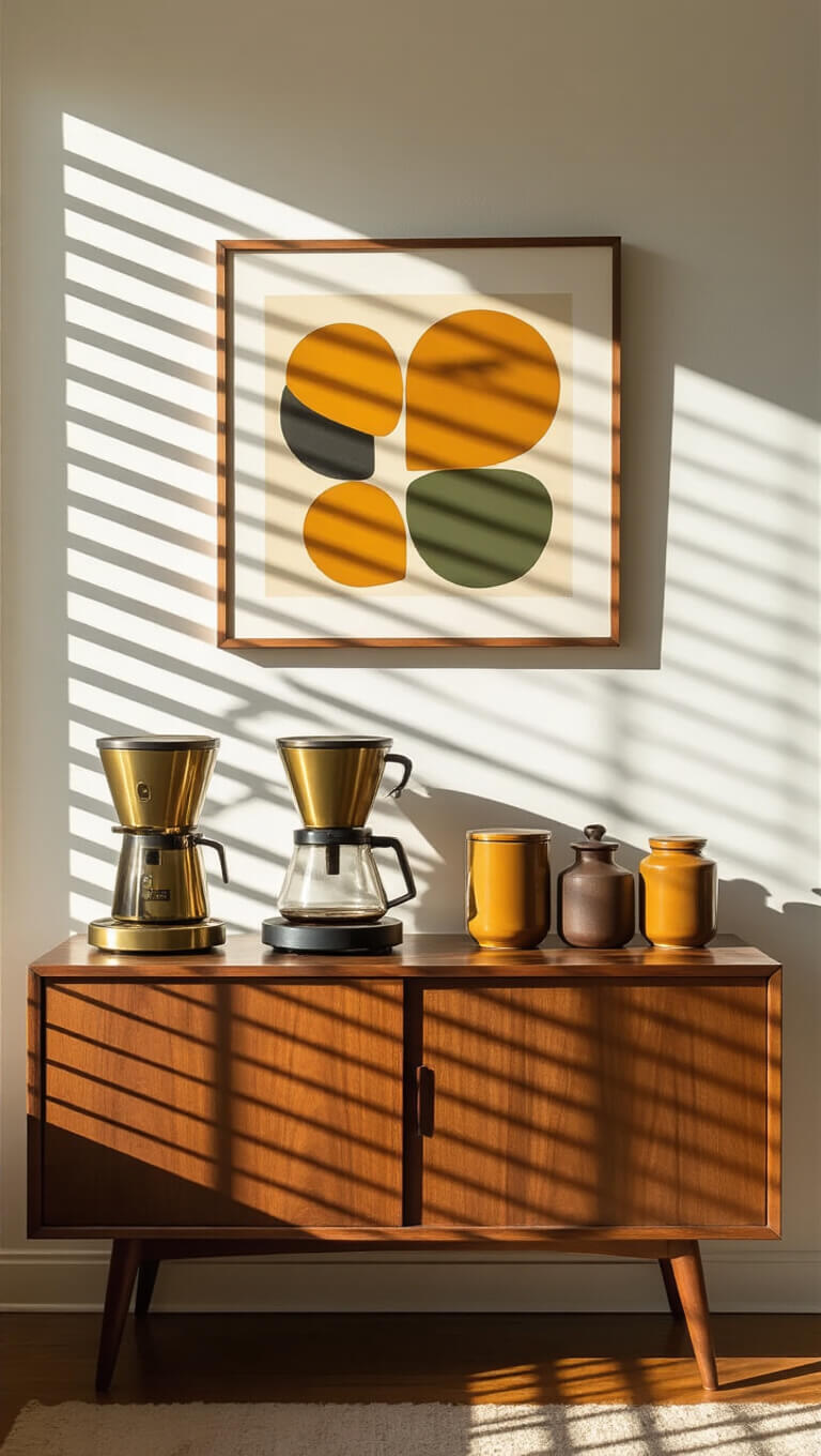 Mid-century modern coffee bar on walnut credenza with brass coffee maker, mustard and olive ceramics, and smoked glass canisters; afternoon light casts geometric shadows through blinds, highlighting wood grain, with abstract art above.