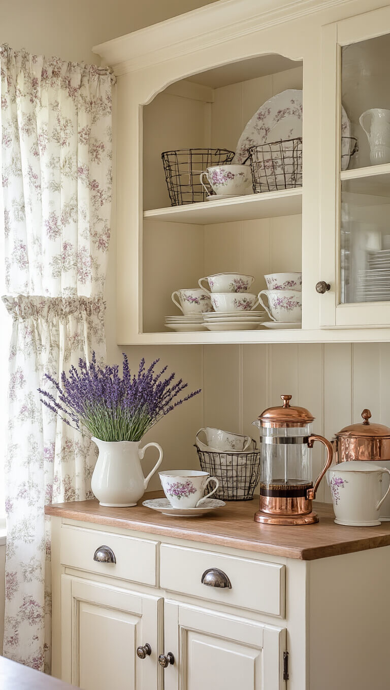 French country coffee station in cream kitchen with antique white hutch, vintage china, copper French press, lavender in ceramic pitcher, and soft morning light through toile curtains.