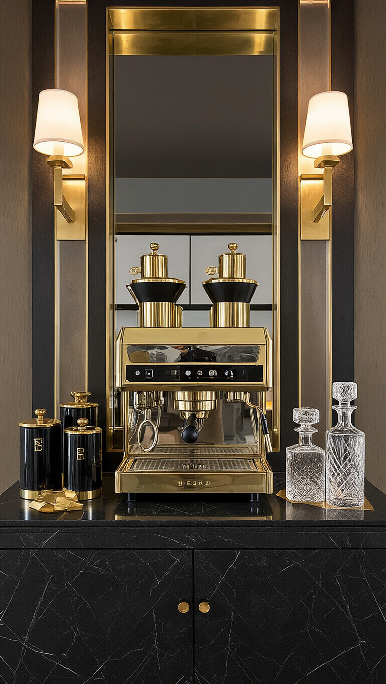 Art Deco-style coffee bar with black marble counter, gold sconces, brass coffee maker, black and gold canisters, crystal decanters, and mirror-backed shelves reflecting ambient evening light.