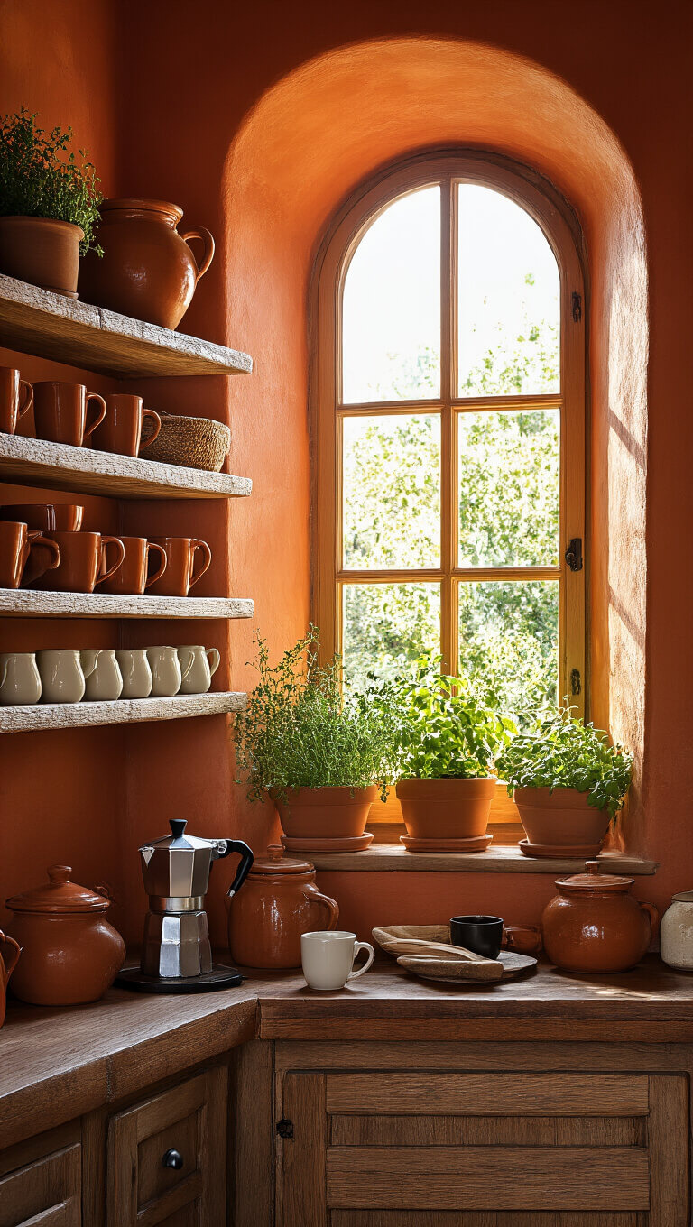 Rustic Italian coffee corner with terracotta walls, wooden shelves holding espresso cups, Moka pots, and herbs in pots, sunlit through arched window.