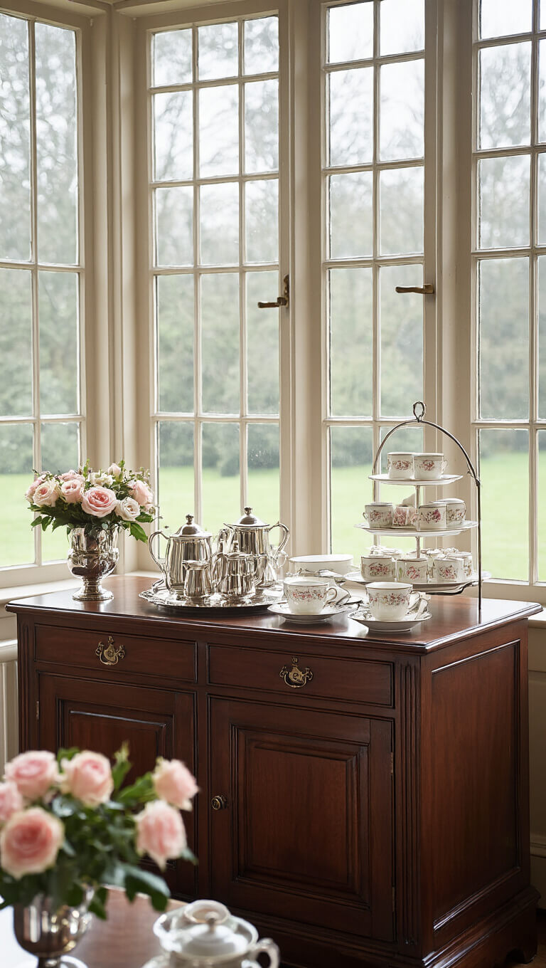 Traditional English coffee and tea station with mahogany sideboard, silver service, bone china, fresh roses, and morning mist through mullioned windows.