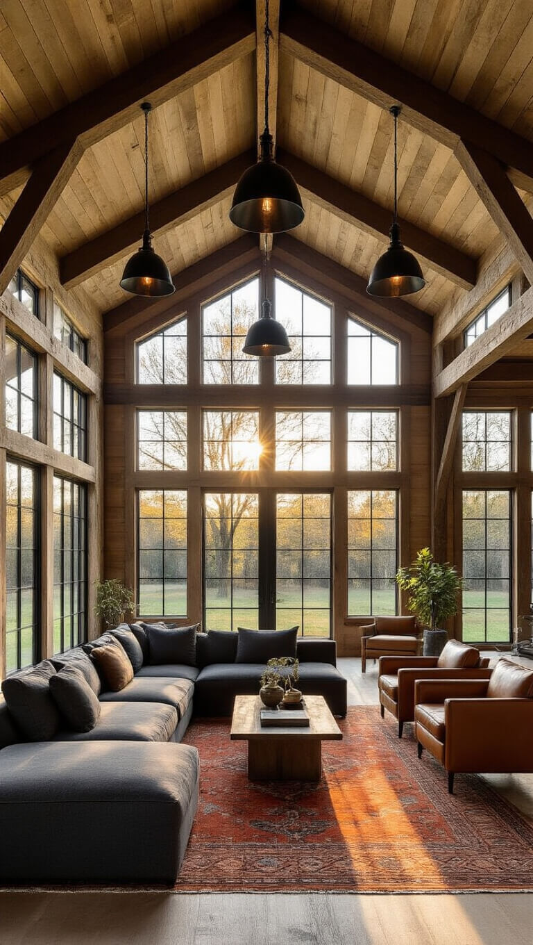 Modern barn conversion living room with cathedral ceiling, exposed reclaimed oak beams, floor-to-ceiling windows, charcoal sectional, cognac leather chairs, layered Persian rugs, and industrial pendant lights.