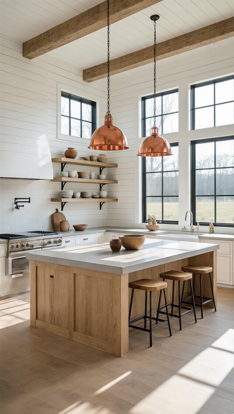 Barn-style kitchen with white shiplap walls, black steel windows, large bleached oak island, copper pendant lights, stainless appliances, and open shelving, bathed in morning light.