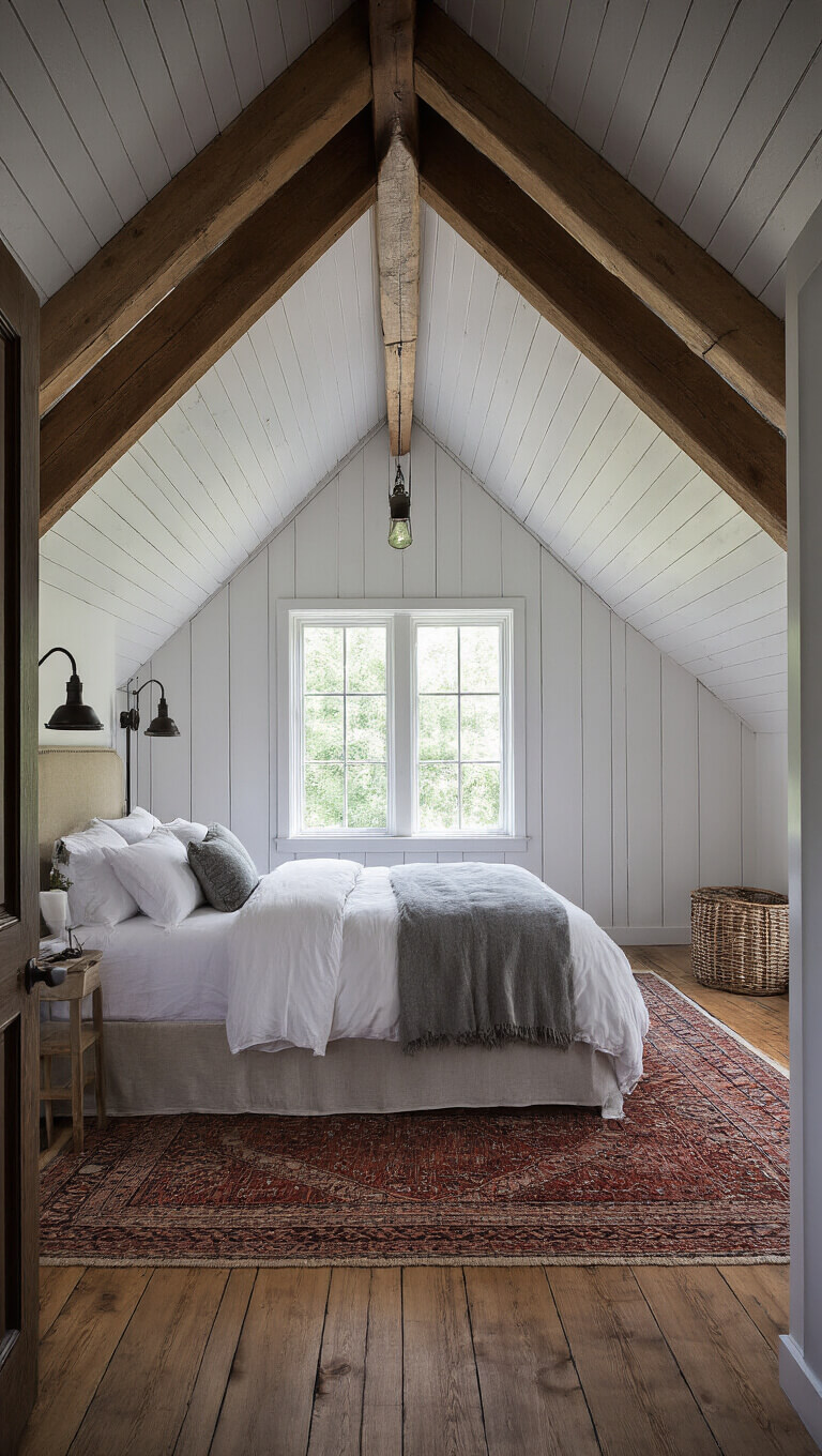 Primary bedroom in converted hayloft with A-frame ceiling, moody dusk lighting, king bed under barn window, vintage rug on pine floors, and iron sconces.