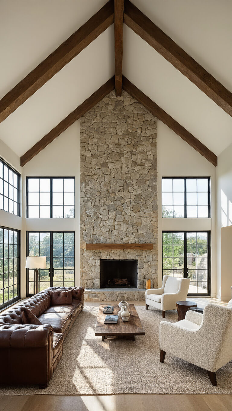 Double-height great room with exposed trusses, mid-afternoon light casting shadows through gridded windows, featuring a large stone fireplace, mixed seating of leather Chesterfield and cream bouclé wingbacks, viewed from mezzanine.