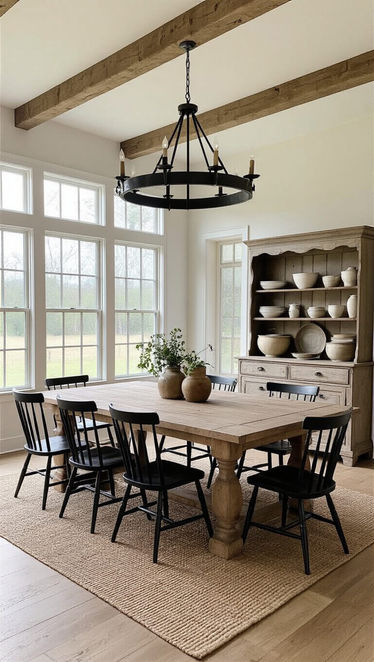 Low angle view of farmhouse-style dining area with long reclaimed wood table, black Windsor chairs, large iron chandelier, and morning light streaming through eastern windows.