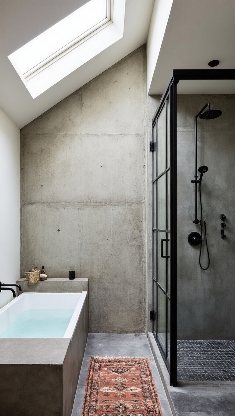 Modern barn bathroom with skylight, matte black fixtures, freestanding tub against raw concrete wall, heated concrete floors with vintage runner, and black steel-framed shower enclosure.