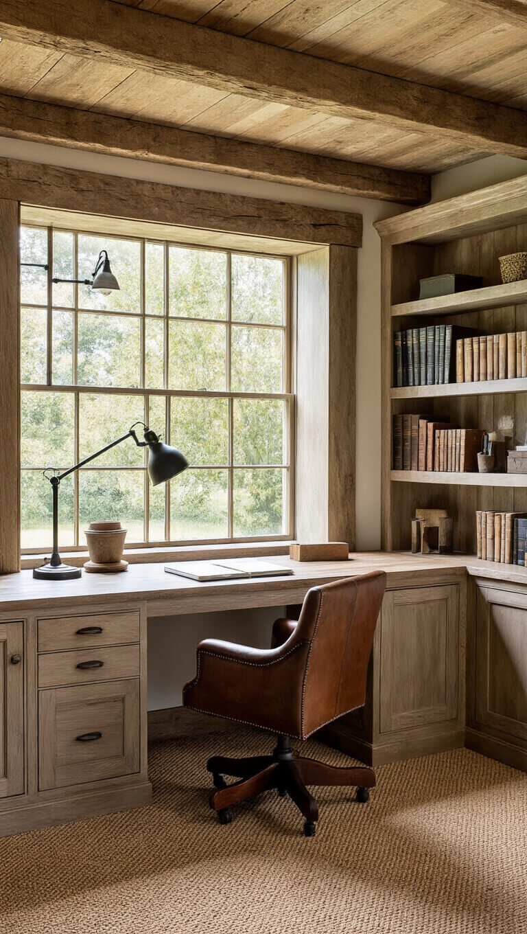 Home office in converted granary with original beams, late afternoon light, weathered oak bookshelves, leather desk chair, and vintage task lighting on wool sisal carpet.