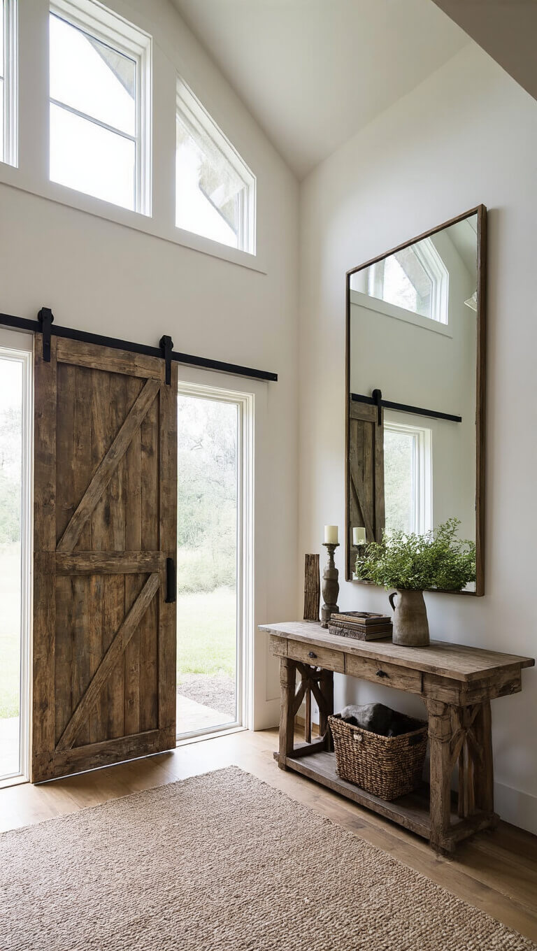 Entryway with 25-foot ceiling, clerestory windows, sliding barn door, reclaimed wood console, vintage decor, and oversized mirror reflecting natural light.