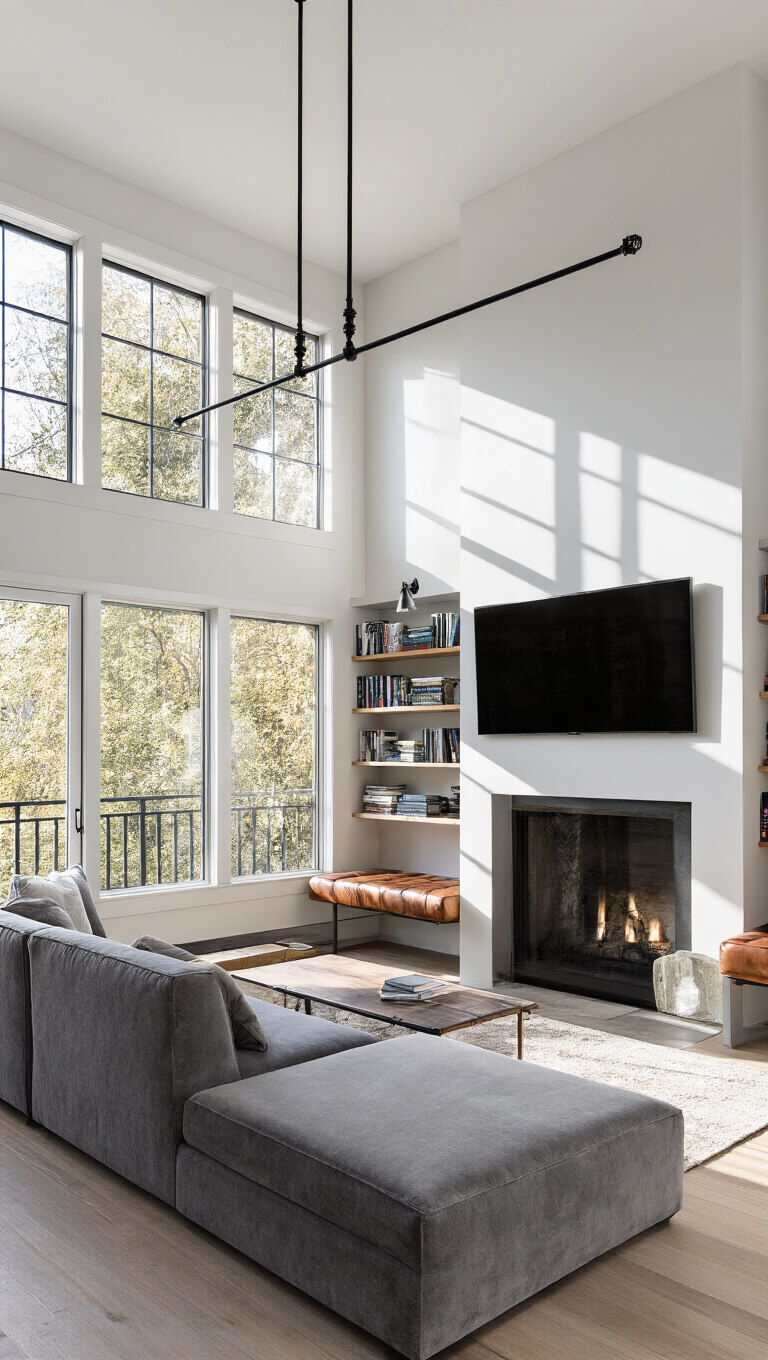 Modern loft living space with sectional sofa facing TV above fireplace, built-in reading nook, and industrial shelving, bathed in afternoon light overlooking great room below.