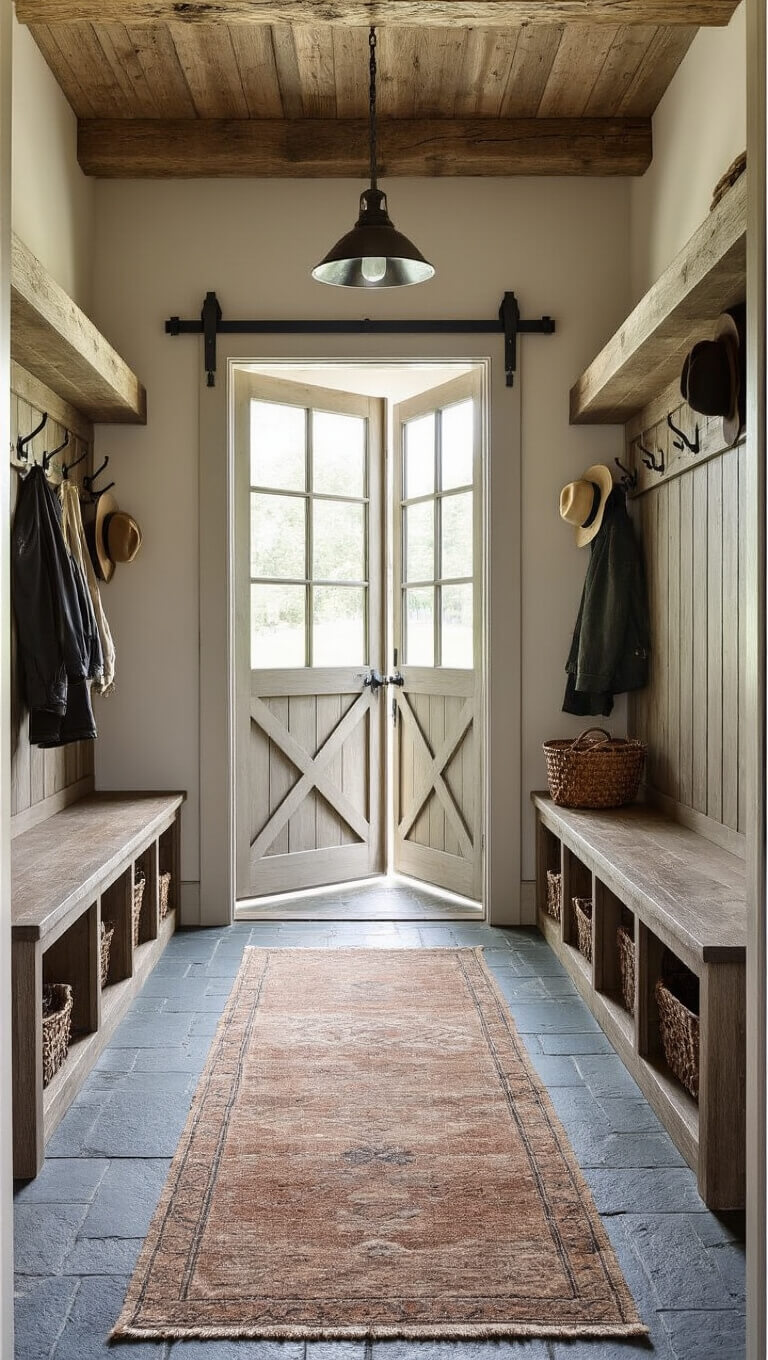 Mud room with barn hardware, morning light through Dutch door, built-in weathered oak benches, slate floor with vintage runner, iron hooks holding coats and hats.