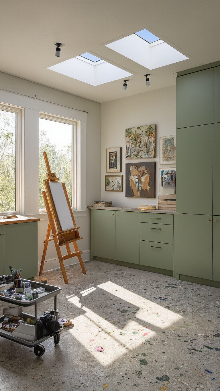 Artist's studio with sage green storage wall, paint-splattered concrete floor, clerestory windows casting morning light on easels, gallery wall with track lighting, and rolling art supply cart.