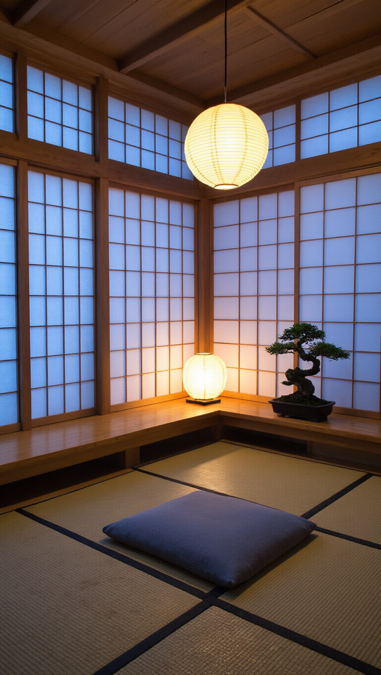 Zen meditation studio with tatami mats, rice paper screens filtering twilight, low wooden platform, bonsai on floating shelf, and soft paper lantern lighting.