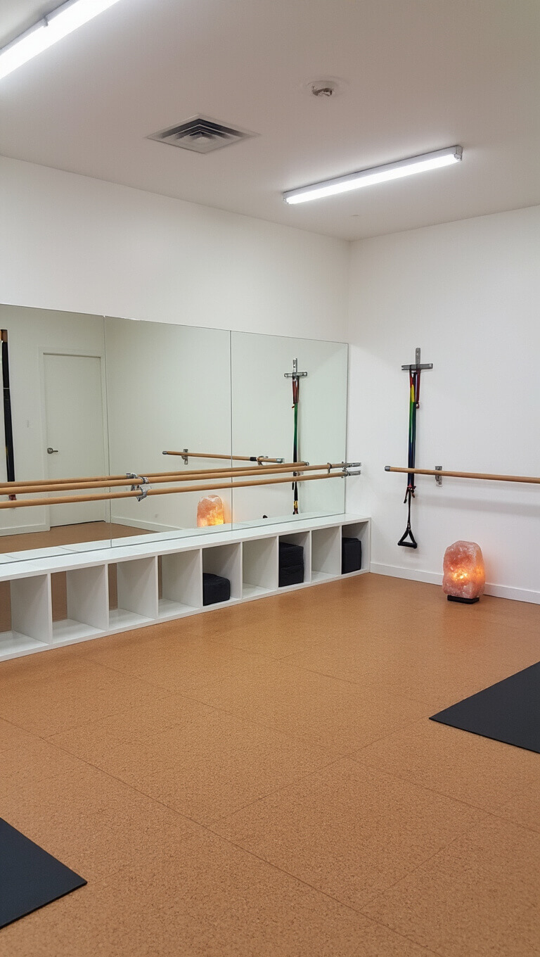 Bright fitness studio with mirror wall and ballet barre, cork flooring, rubber mat zone, white storage cubbies, resistance band rack, and Himalayan salt lamp, captured in wide angle with crisp morning light.