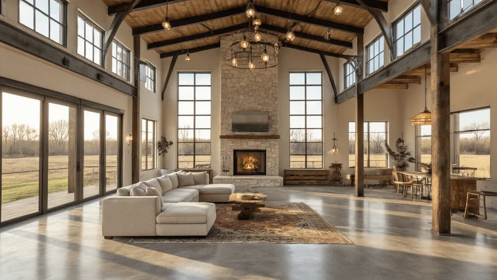 "Sunlit barndominium interior with high ceilings, exposed beams, stone fireplace, and industrial lighting on a polished concrete floor"