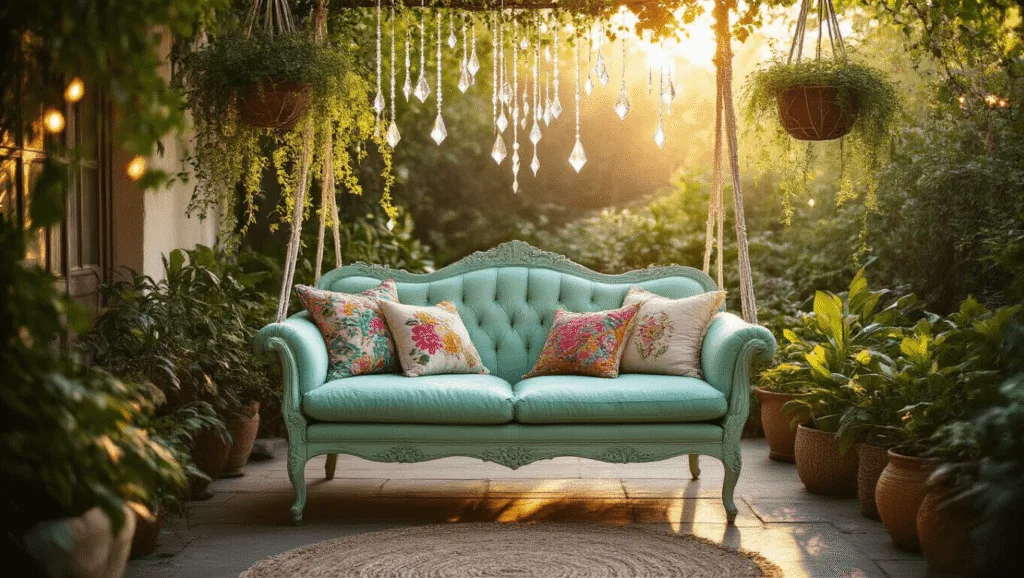 "Whimsical bohemian patio with vintage loveseat, hanging crystals, potted plants and string lights during golden hour"