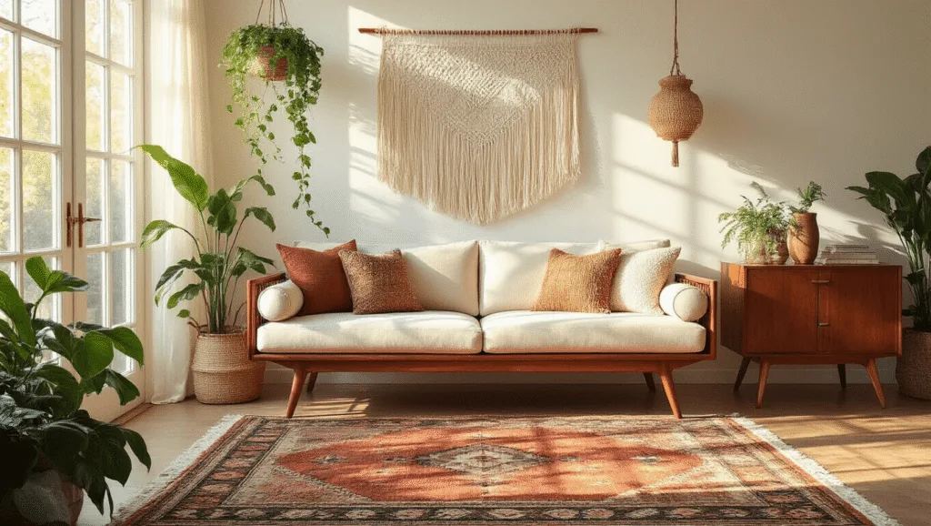 "Sunlit living room with mid-century modern walnut furniture, Moroccan rug, macramé wall hangings, and houseplants"