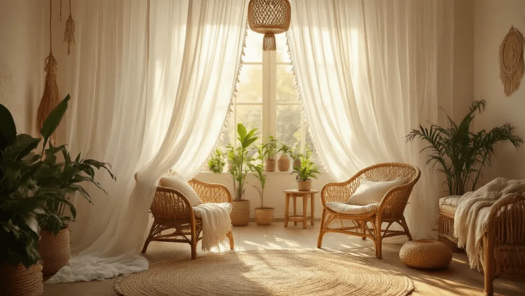 "Bohemian bedroom with sheer curtains, rattan furniture, plants, and warm golden light"