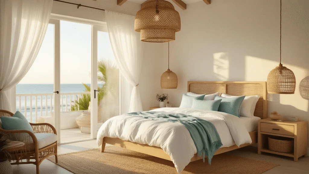 "Serene coastal bedroom with light oak bed, white linen bedding, seafoam blue accent pillows, and a rattan pendant lamp during golden hour."