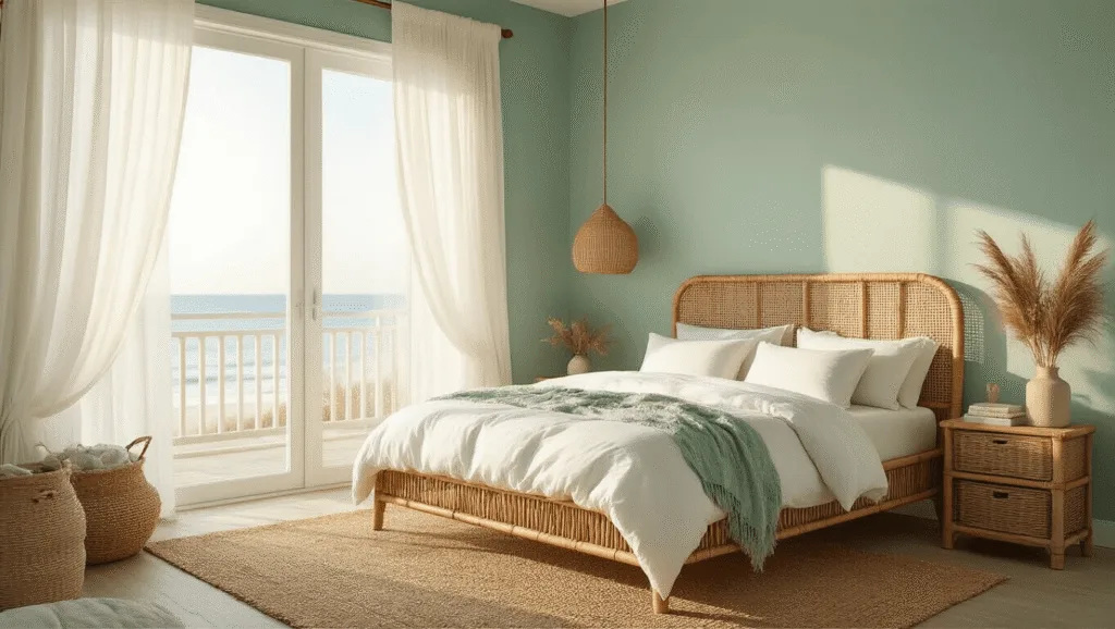 "Coastal bedroom with seafoam green walls, rattan bed, white linens, sheer curtains, and seagrass textures bathed in golden hour light"