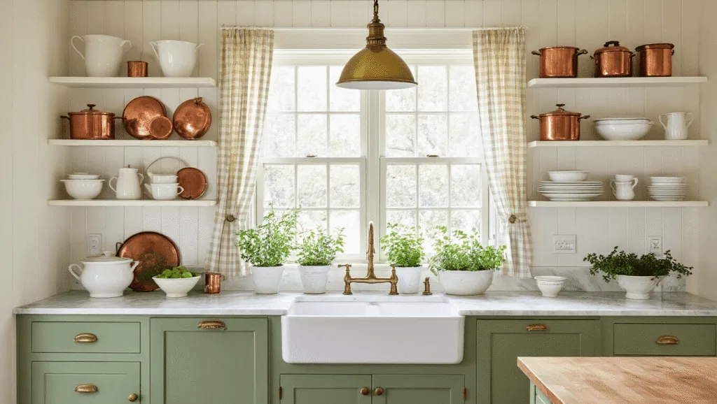 "Cottage kitchen with sage green cabinets, marble countertops, vintage copper pots, and morning light pouring in through a mullioned window lined with potted herbs."