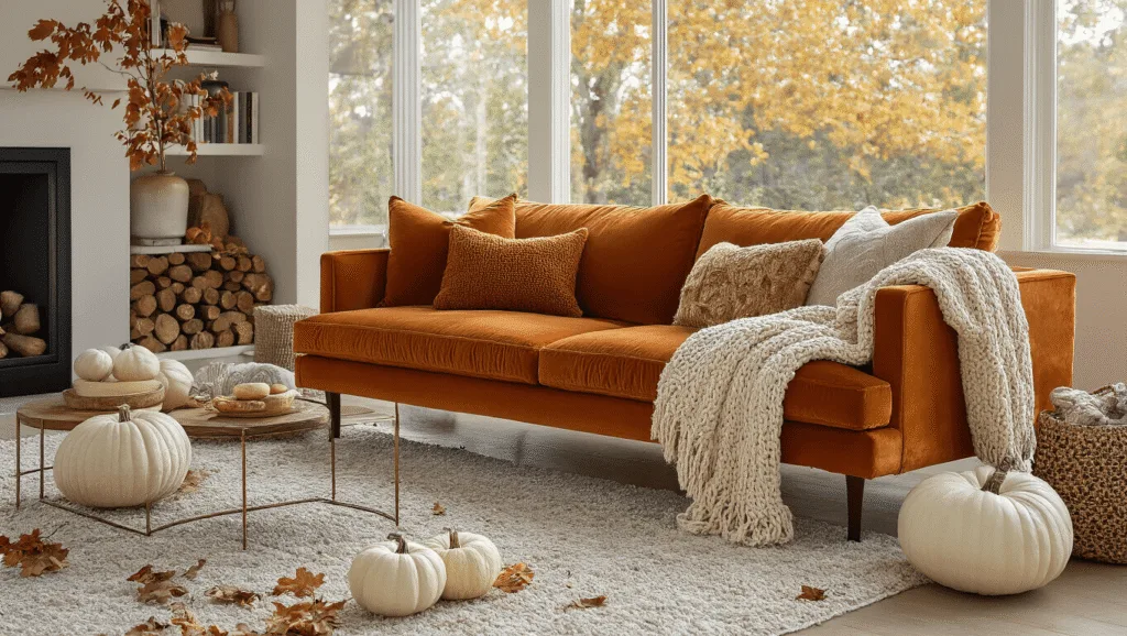 "Cozy fall-themed living room featuring a burnt orange velvet sofa, chunky knit throws, brass accents, dried oak leaves, white pumpkins, and golden hour lighting."