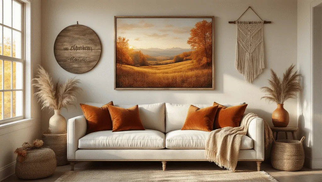 "Cozy sunlit living room with fall wall decor, rustic wooden signs, macramé hangings, terracotta and amber tones, and a cream linen sofa with velvet pillows"