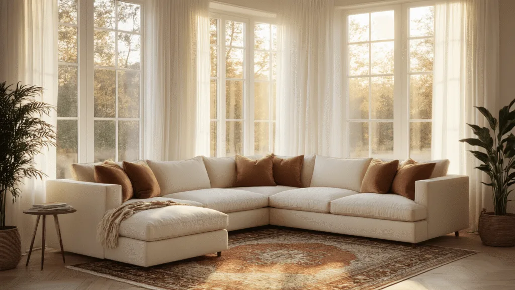 "Cozy modern living room with cream sectional sofa, textured pillows, Persian rug, bay windows with sheer curtains, in golden hour light"