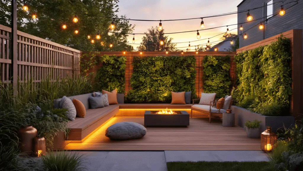 "Cozy urban backyard with cedar deck, string lights, vertical garden wall, modern furniture, and fire pit during a golden hour sunset"