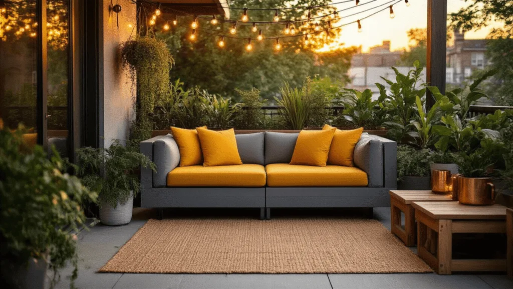 "Urban patio during sunset with string lights, mustard yellow loveseat, wooden tables, and potted plants"
