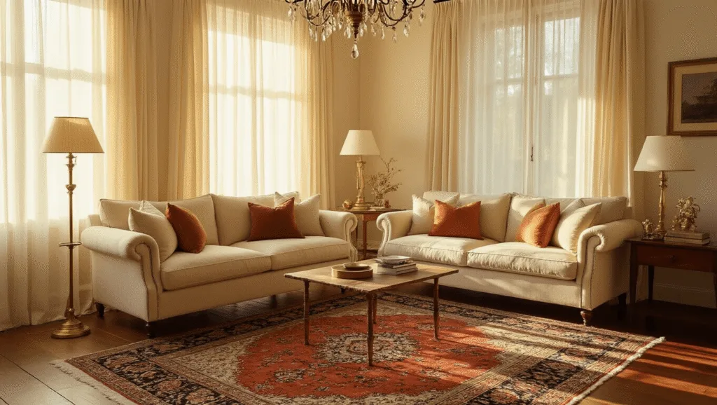 "A warmly lit cozy living room with golden lighting, layered lamps, a vintage Persian rug, sheer curtains, and an afternoon glow"