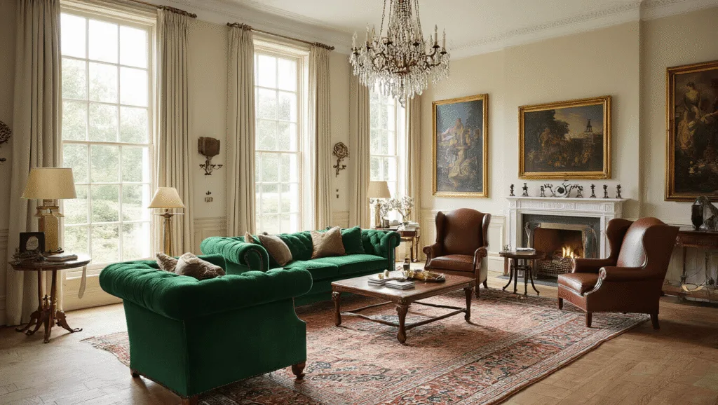 "Elegant Georgian interior living room with emerald velvet Chesterfield sofa, leather wingback chairs, Persian rug, crystal chandelier, brass accents, oil paintings, and natural sunlight filtering through tall windows in warm neutral tones."